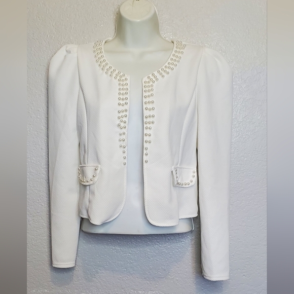 Pearl-Embellished White Textured Puff Shoulders Open Front Jacket - Picture 1 of 8